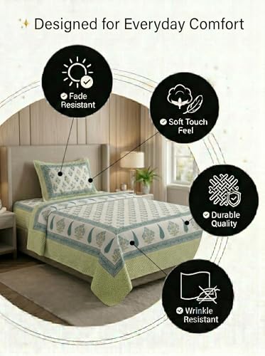 Image of Mafatlal 144 TC Heritage 100% Cotton Single Size Bedsheet (90x60 inches) with Matching Pillow Cover | Soft & Comfortable | Elegant Printed Heritage Design | Pista Green