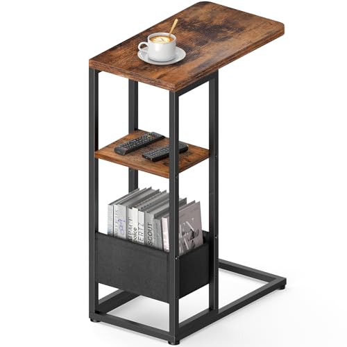 C Shaped End Table, Small Side Table for Couch, Recliner, Slide Under Sofa Tray Desk Snack Tables with Storage Bag for Living Room,Bedroom, Small Spaces – Rustic Brown