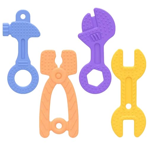 Image of Fu Store 4 Pack Soft Silicone Teething Toys for 0-12 Months 6-24 Months Toddlers Infant Hammer Spanner Wrench Pliers Tools Shape Baby Teethers Relief Soothe Babies Gums Set