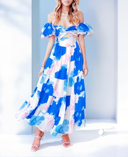 Image of GOLDSTITCH Women's 2026 Boho Floral Maxi Dress Puffy Short Sleeve Cutout V Neck Casual Long Beach Dress