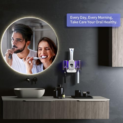 Toothbrush Holders for Bathrooms, Wekity Automatic Toothpaste Dispenser Space Saving Toothbrush and Toothpaste Holder，Toothbrush Holder Wall Mounted with 2 Cups for Bathroom (Grey)…