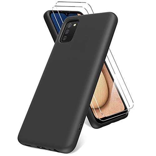 Vansdon Coque pour Samsung Galaxy A03s/A02s, 2 Film de Protection en Verre trempé, Housse Souple en TPU en Silicone Liquide, Housse en Caoutchouc Antichoc en Gel de Silicone Liquide - Noir Cover
