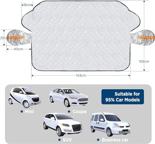 Image of Car Windshield Sunshade Snow Cover - All-Season Magnetic Windshield Cover with Mirror Protectors | UV & Ice Protection, Cotton Lined, Fits Most Cars & SUVs (143x109cm)