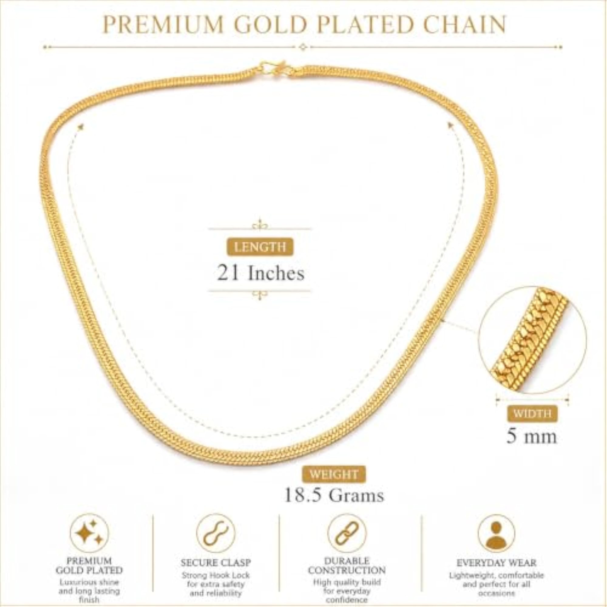 Gold Tone Textured Chain Necklace for Men & Women, Unisex