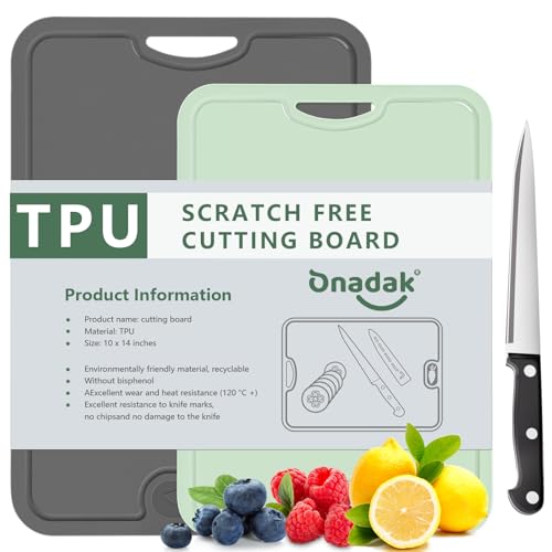 Onadak Flexible TPU Chopping Board, BPA Free with Knife and Juice Groove, Scratch Resistant Flexible Chopping Boards for Kitchen, Dishwasher Safe, Grippy Handle, Non-Slip(M-Dark Grey + S-Green)
