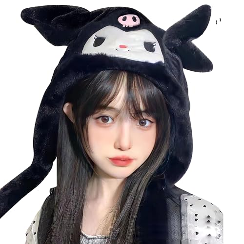 Roffatide Anime Bunny Ear Moving Jumping Hat Fluffy Beanie Cap Soft Warm Winter Head Wear Cute Hats for Women Girls Black