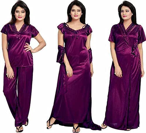 ERAD Women's Satin Nighty Set (Set of 6) - Luxurious Maroon Color Sleepwear for Ultimate Comfort and Elegance-image-30