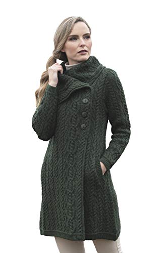 Image of Aran Crafts Women's Cable Knit Soft Collar 3 Button Coat (100% Merino Wool)
