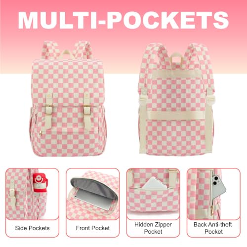 Image of Women Laptop Backpack, Corduroy 15.6 inch Travel Backpack for Work College Business, Teacher Nurse Bag with Large Capacity School Bookbag Bags for Girls - Checkered Pink