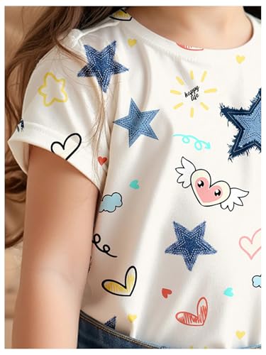 Girl's Star Heart Print Tee Shirt Graphic Crew Neck Short Sleeve Cute Summer Top3