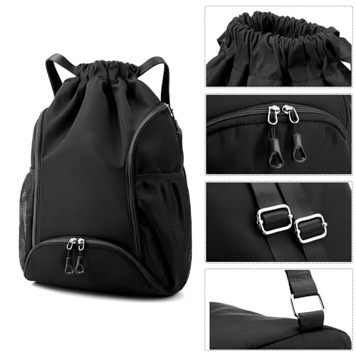 Valleycomfy Sports Gym Bag Drawstring Backpack with Shoes Basketball Bag and Two Water Bottle Holder,Black4