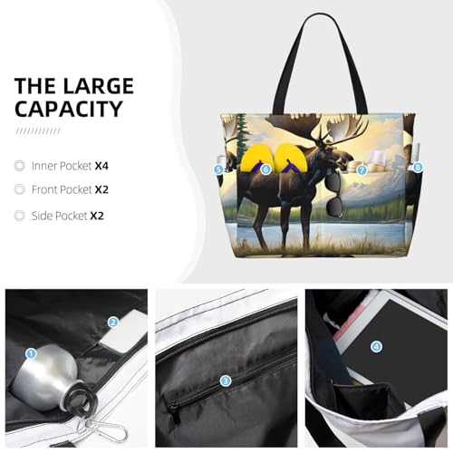 (Moose Cute Deer) Large Beach Tote Bag For Women With Zipper Foldable Lightweight Travel Pool Bag For Vacation Shopping3