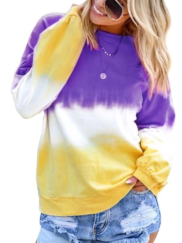 Dresswel Women's Oversized Crew Neck Tie Dye Sweatshirts with No Hood Plus Size Casual Color Block Long Sleeve Pullover Tops2