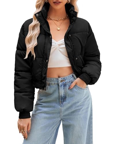 URMOSS Chaqueta corta acolchada de manga larga para mujer, abrigo de invierno ligero acolchado con bolsillos, Negro -, XL
