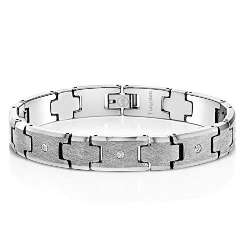 Gem Stone King Men’s 3 Round Lab Grown Diamonds Satin and Polish Finish Tungsten Carbide Bracelet