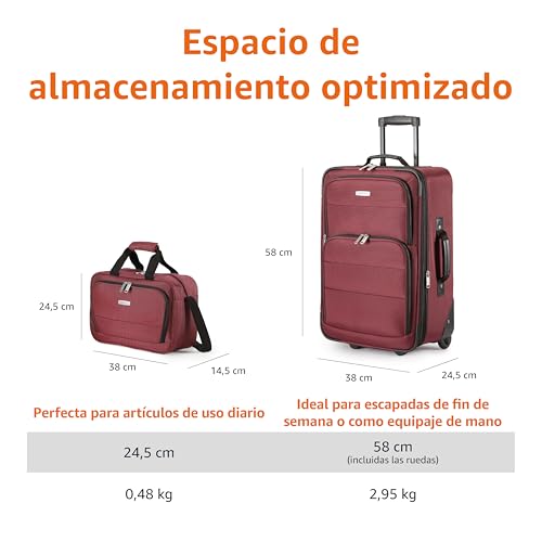 Tabla que muestra las dimensiones y capacidad de almacenamiento del juego de maletas Amazon Basics en color rojo