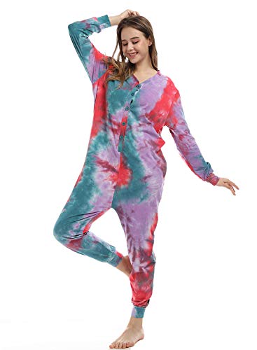 Lifeye Womens Onesie Pajamas Romper Sleepwear Set Tie Dye Long Sleeve Jumpsuit Homewear Union Suit with Drop Seat Butt Flap Dark Seven Color S