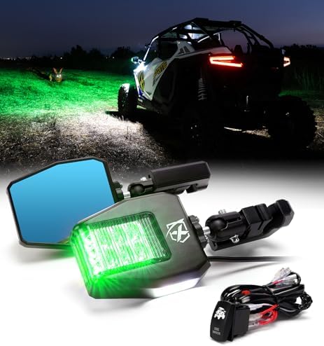 Xprite Aluminum UTV Side Mirrors Green Light with Puddle Lights, ...
