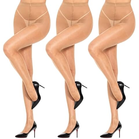 Aaronano Shiny Pantyhose for Women 3 Pairs Shimmer Sheer Tights Silk Stockings High Waist Control Top Pantyhose(Natural,XL) Cover