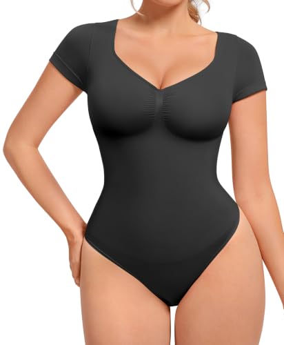 Image of FeelinGirl Short Sleeve Shapewear Bodysuit for Women V Neck Tummy Control