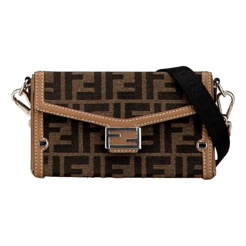 FENDI Bolsa Baguette macia para telefone com bolsa de lona e couro Zucca, Marrom, Small