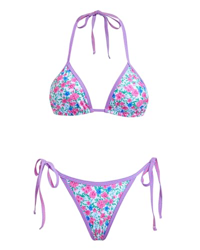 Image of Women's Triangle Bikini Set String Swimsuit Print Tie Smocked Ruched Two Piece Bathing Suit