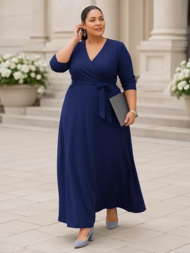 Image of SUZONANA Plus Size Maxi Dresses for Curcy Women Casual Loose 3 /4 Sleeve Long Dress with Belt
