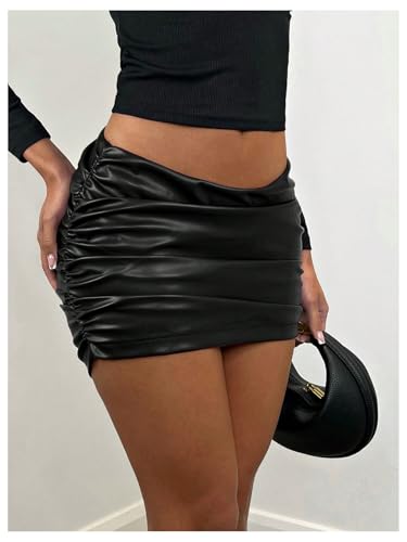 Milumia Women Y2k Ruched PU Leather Mini Skirt Low Waisted Bodycon Party Club Short Skirts4