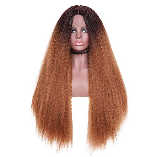 Buladou Hair Kinkys Straight Synthetic Hair Wigs Mothers Day Gift 26 Inch Lace Front Heat Resistant Wigs for Black Women Long High Temperature Wig with 5” Deep Parting Space (TT430)