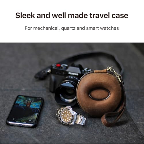 Image of CONTACT'S FAMILY Genuine Leather Watch Travel Case for Men Women Single Watch Box with Strap Travel Portable Watches Storage Organizer up to 54mm