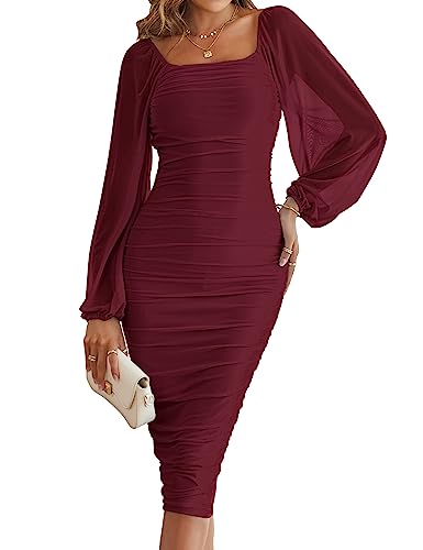MEROKEETY Vestido Midi Fruncido de Manga Larga abombada para Mujer, Cuello Cuadrado, Malla, cóctel, Fiesta, Winered, M