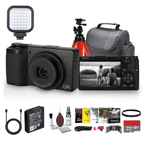Ricoh GR IV Monochrome Digital Camera with Fast f2.8 Lens Image Stabilization and Portable for Everyday and Travel Photography + Photo Software + Light + 64GB Card + Bag + Tripod + More