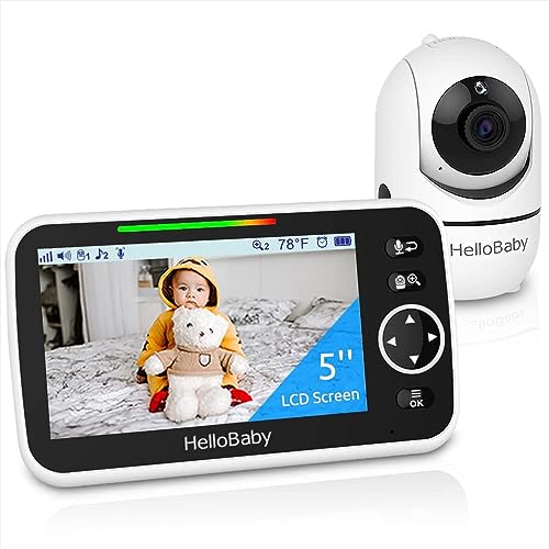 HelloBaby Video-Babyphone, 5 Zoll geteilter Bildschirm mit 30-Stunden-Akku, Pan-Tilt-Zoom Babyphone mit Kamera und Audio, Nachtsicht, ECO, 2-Wege-Audio, 8 Schlaflieder, 1000 Fuß Reichweite