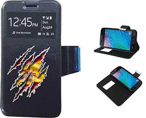 Samsung Galaxy J3 2017 - Funda de Libro Flip con Tapa Ventana Color Negro Dibujo Bandera Espana