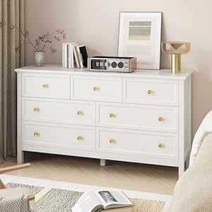 White Dresser for Bedroom with 7 Drawers 55 Large Wood Dresser with Gold Handles Modern Wide Chest of Storage Drawers for Hallway Living Room