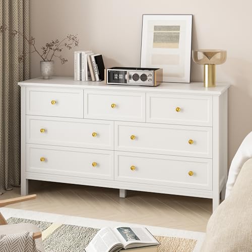 White Dresser for Bedroom with 7 Drawers 55 Large Wood Dresser with Gold Handles Modern Wide Chest of Storage Drawers for Hallway Living Room