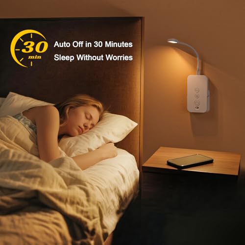 Ellasay Wall Mounted Reading Light: Dimmable LED Book Lights with Timer & Memory - Adjustable Gooseneck USB Powered - Easy Install for Kids Bedroom/Dorm Room/RV 1 Pack (White) by Ellasay - Image 3