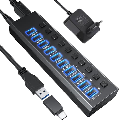 Hub USB 3.0 in alluminio, 10 porte, hub dati USB 3.0 con adattatore di...