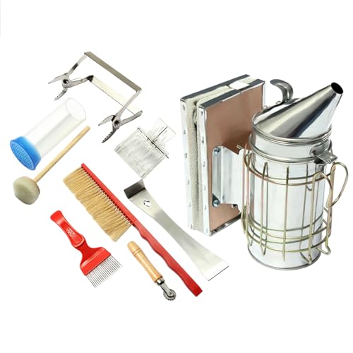 Set di strumenti per apicoltura 8 pezzi in acciaio inossidabile con smoker - Accessori professionali per apicoltori per la coltivazione delle api, incluso scopa per api, sollevatore per telai e gabbia