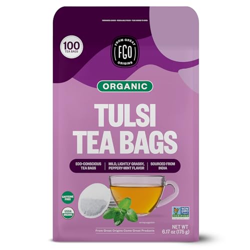 Image of FGO Organic Tulsi Holy Basil Tea, 100 Count, Eco-Conscious Herbal Tea Bags, Resealable Bag, Caffeine Free, Packaging May Vary (Pack of 1)