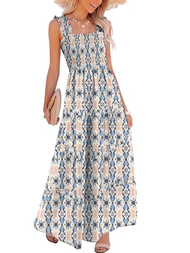 Image of Caracilia Womens Summer Maxi Dresses Floral Smocked Sleeveless Ruffle Boho Casual Flowy Aline Beach Vacation Long Sundress