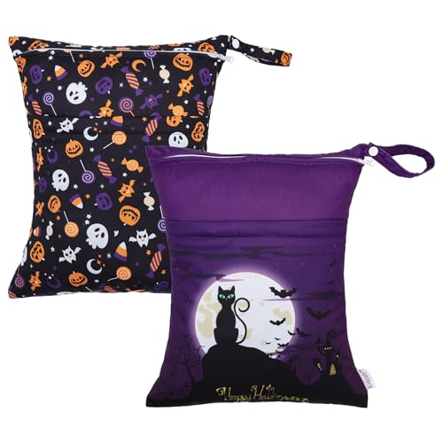 Image of ALVABABY Helloween 2pcs Cloth Diaper Wet Dry Bags Waterproof Reusable with Two Zippered Pockets Travel Beach Pool Daycare Soiled Baby Items Yoga Gym Bag for Swimsuits or Wet Clothes 2LM07