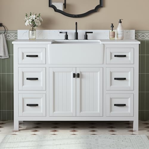 DELUXE LIVING 48 Inch Bathroom Vanity with Apron Farm Sink, White Farmhouse Bathroom Sink Cabinet with Soft Closing Doors & Dovetail Drawers, Single Sink Bathroom Vanity, No Assembly Required