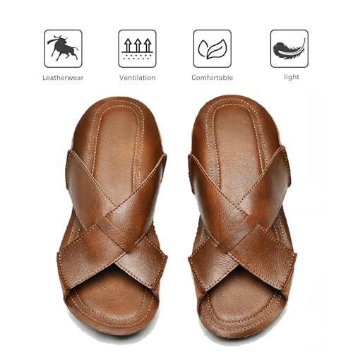 Men's Genuine Leather Cutout Slides Sandals Comfort Lightweight Open Round Toe Slip On Anti-Slip Soft Bottom Slippers Summer Casual Walking Beach Fisherman Sandals4