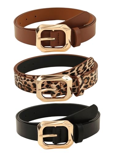 GORGLITTER Women's 3 Pack Leopard Belt Cheetah Print Cowboy Western Y2K Waist Bella Belt with Gold Buckle