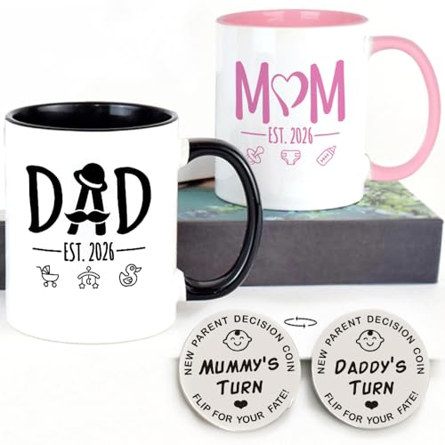 LOZACHE New Mom Dad Coffee Mugs est 2026 with Decision Coin, Expecting Couple Gifts for New Parents Frist Time Mom Dad Soon To Be, Pregnancy Expectant Parents Gifts for 1st Time Mothers Day (2026)