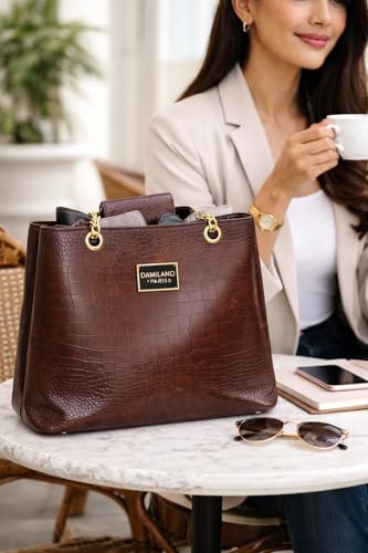 Image of Women Brown Faux Leather Croco Texture Tote Bag Shoulder Straps & Gold Chain Detail Handbag for Office & College Use
