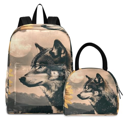 Backpack Lunch Bag Set Sunflower Wolf Print, Big Storage Travel Backpacks with Insulated Lunch Box for Office Hiking Picnic - Main Image