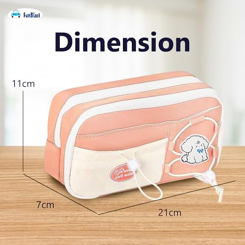 Image of FunBlast Pencil Pouch for Girls - Aesthetic Multi-Compartment Zipper Pouch with Drawstring Pocket, Cute Kawaii Pencil Case, Stylish Stationery Pouch, Return Gift for Kids & School Use (Pink)