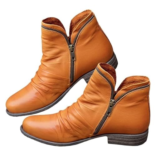 Womens Ankle Bootie Low Heel Side Zipper Booties 2025 Vintage Leather Boots Winter Dressy Wide Width Round Toe Shoes